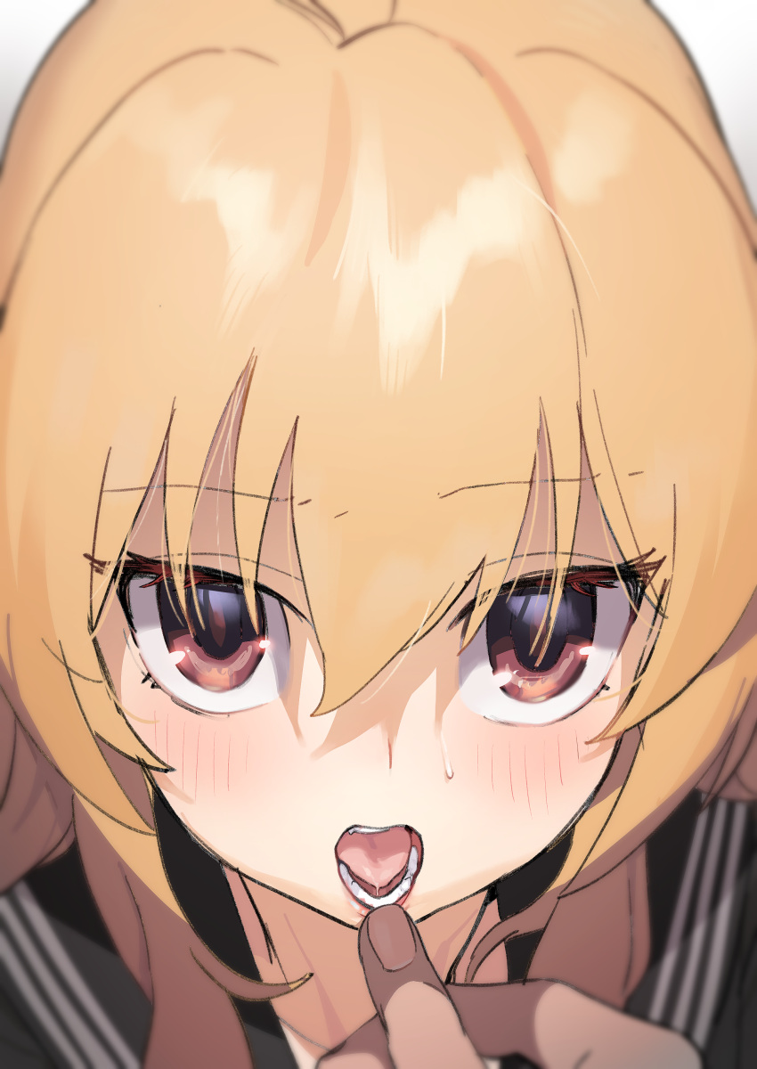 1other absurdres aisaka_taiga bangs black_sailor_collar black_serafuku black_shirt brown_eyes brown_hair close-up commentary_request dorontabi eyebrows_visible_through_hair face female finger_to_another's_mouth hair_between_eyes highres light_blush long_hair looking_at_viewer open_mouth sailor_collar school_uniform serafuku shirt solo_focus sweatdrop teeth toradora!