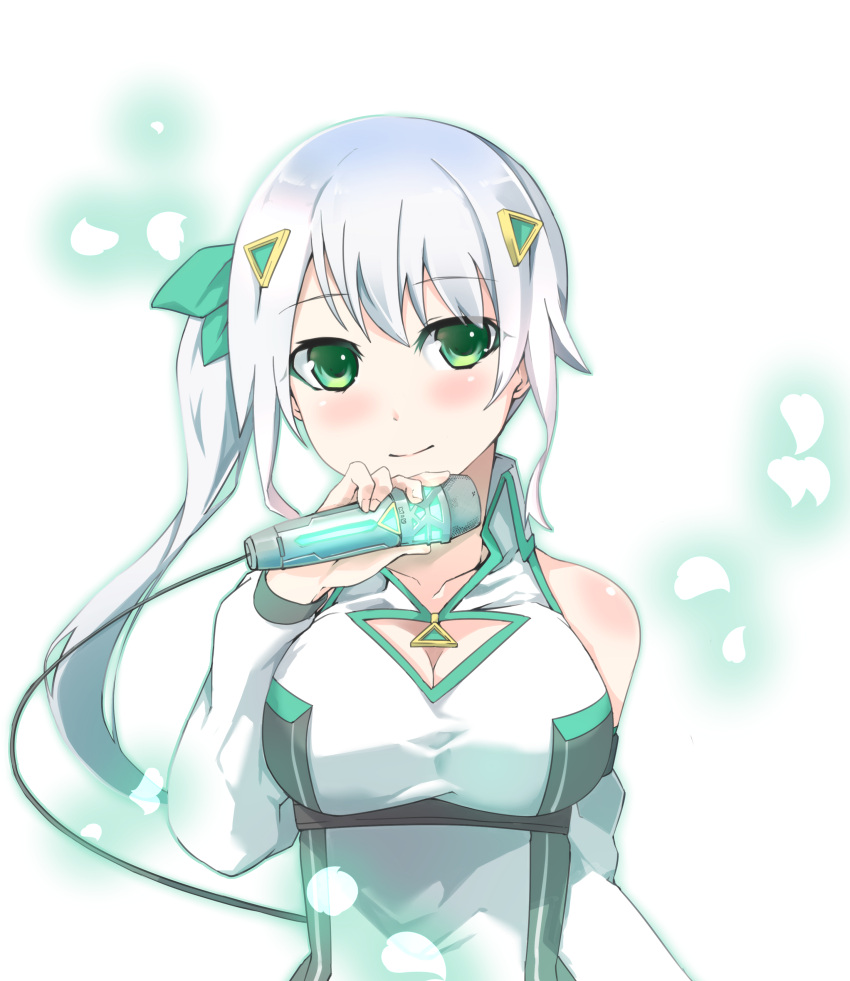 absurdres bare_shoulders bow breasts cleavage collared_jacket detached_sleeves female green_bow green_eyes hair_ornament hairbow hairclip highres hizuki_miu hizukichi_(windplay) jacket large_breasts long_hair microphone ponytail sleeveless sleeveless_jacket solo virtual_youtuber wactor_production white_background white_hair white_sleeves