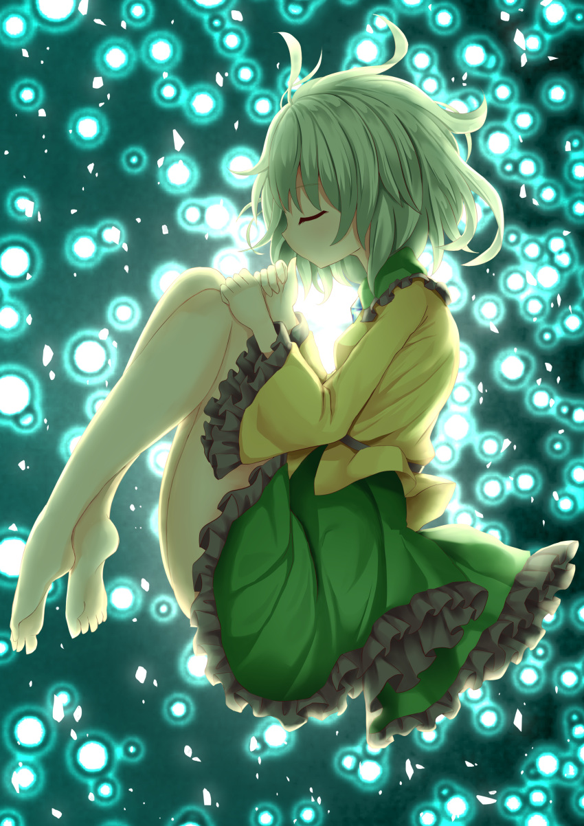 absurdres barefoot blouse breasts closed_eyes closed_mouth crystal danmaku female flying frills green_hair green_skirt green_theme hair_between_eyes highres jewelry komeiji_koishi light long_sleeves medium_breasts no_headwear profile shadow shirt short_hair skirt solo subterranean_animism suigetsu_(watermoon-910) touhou wide_sleeves yellow_shirt