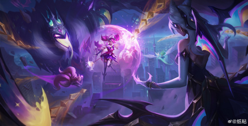 1other 5girls ahri_(league_of_legends) animal_ears backless_dress backless_outfit brooch building city city_lights closed_mouth creature crown detached_wings dress dust earrings elbow_gloves energy_ball energy_barrier feathered_wings fiddlesticks fighting floating_hair flying fox_ears fox_girl fox_tail gloves glowing glowing_eye green_hair hair_between_eyes highres holding holding_wand incoming_attack jewelry kai'sa league_of_legends long_hair looking_at_another lux_(league_of_legends) morgana_(league_of_legends) multiple_girls neckerchief night night_sky official_alternate_costume official_alternate_hairstyle open_mouth outdoors papersticky pink_hair purple_skirt rock sidelocks skirt sky sleeveless soraka_(league_of_legends) star_guardian_(league_of_legends) star_guardian_ahri star_guardian_kai'sa star_guardian_lux star_guardian_soraka star_nemesis_fiddlesticks star_nemesis_morgana swept_bangs tail thighhighs tongue tongue_out twintails wand white_footwear white_gloves white_hair white_thighhighs white_wings wings