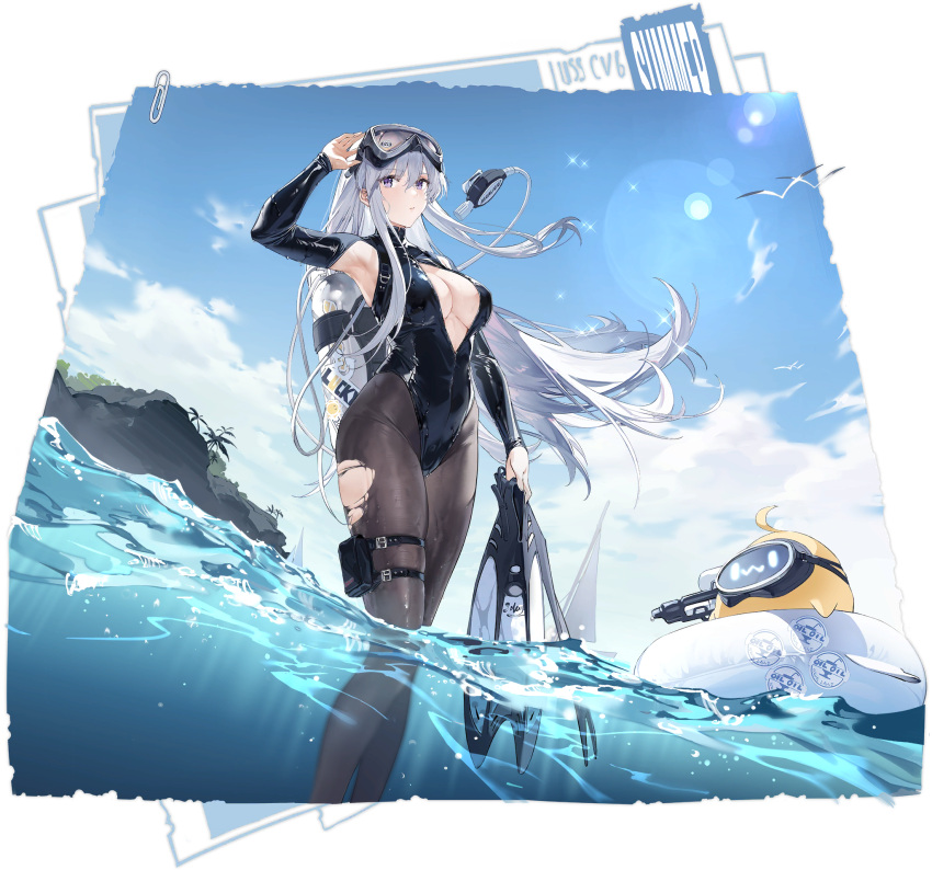 areola_slip arm_up armpit_cutout armpits azur_lane black_pantyhose black_wetsuit bodysuit breasts center_opening clothing_cutout diving_mask diving_mask_on_head diving_regulator diving_suit enterprise_(azur_lane) enterprise_(diving_under_blue_skies)_(azur_lane) female flippers goggles goggles_on_head highres kurumi_(recycllamo) large_breasts manjuu_(azur_lane) official_alternate_costume official_art oxygen_tank pantyhose purple_eyes scuba scuba_gear scuba_tank solo torn_clothes torn_pantyhose water wetsuit