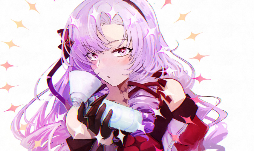 black_gloves black_hairband blush claw_ring dress drill_hair female gloves hagioshi hair_ornament hair_ribbon hairband highres holding hyakumantenbara_salome hyakumantenbara_salome_(1st_costume) light_purple_hair long_hair long_sleeves looking_at_viewer nijisanji off-shoulder_dress off_shoulder parted_lips pink_eyes red_dress ribbon scar scar_on_neck simple_background solo sparkle upper_body virtual_youtuber white_background