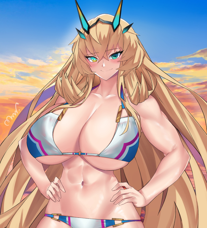 abs bare_shoulders barghest_(fate) barghest_(swimsuit_archer)_(fate) barghest_(swimsuit_archer)_(final_ascension)_(fate) biceps bikini blonde_hair blue_sky breasts cleavage cloud collarbone fate/grand_order fate_(series) female gradient_sky green_eyes heterochromia highres horns huge_breasts long_hair looking_at_viewer mrnn multicolored_bikini multicolored_clothes muscular muscular_female orange_sky sky smile solo swimsuit twilight very_long_hair white_bikini