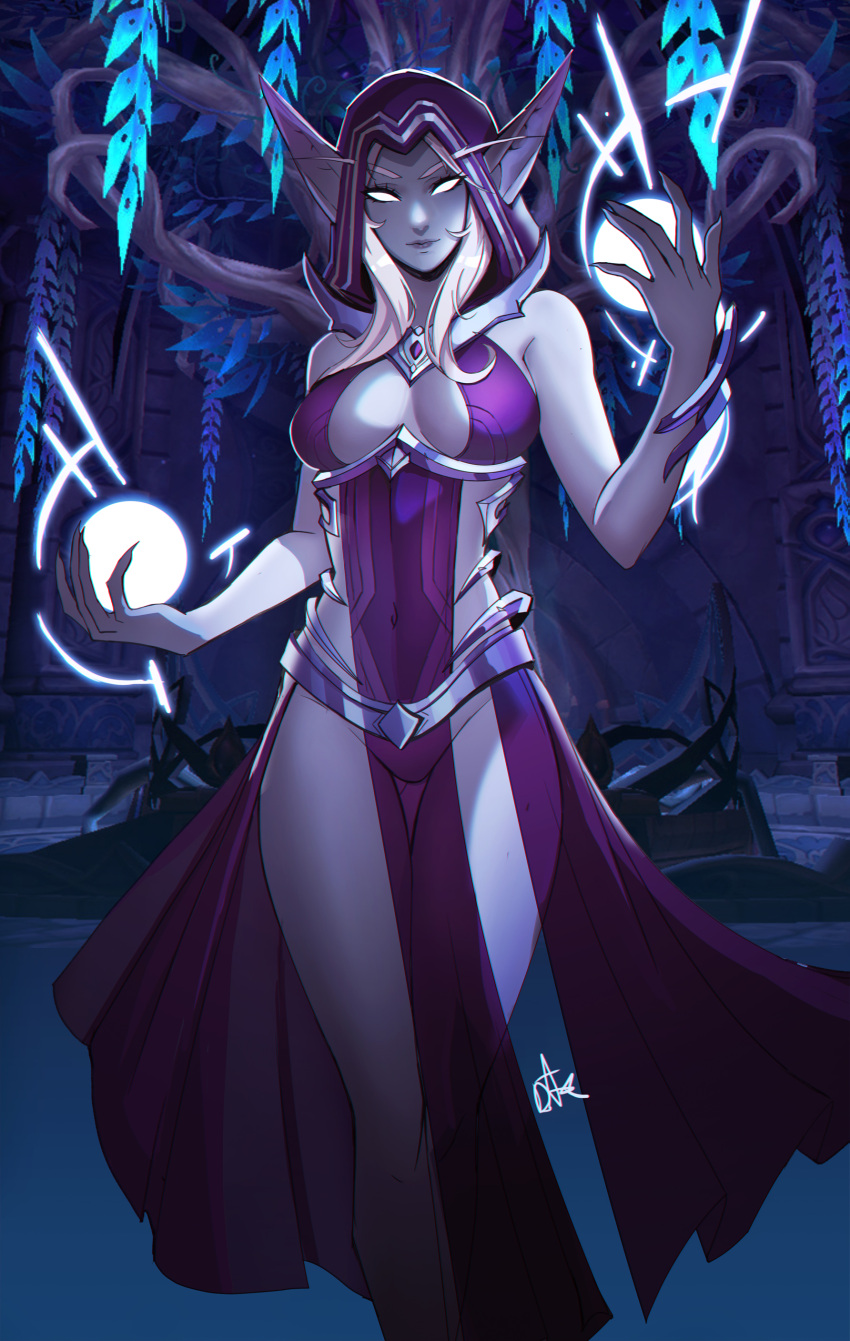 absurdres bare_shoulders breasts closed_mouth colored_skin distr dress ears_through_headwear elf energy_ball female first_arcanist_thalyssra grey_skin hand_up highres large_breasts long_eyebrows looking_at_viewer magic night_elf_(warcraft) nightborne pointy_ears purple_dress signature smile solo thalyssra thigh_gap warcraft white_eyes white_hair world_of_warcraft