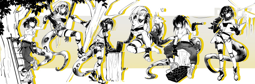 absurdres animal_on_tail arknights bird book breasts bug butterfly cleavage climbing_ladder climbing_tree crop_top elite_ii_(arknights) eunectes_(arknights) eunectes_(forgemaster)_(arknights) eyewear_on_head female full_body fy_fei_xiao_ya gloves heel_up high_priest_(arknights) highres holding holding_book holding_wrench leaf looking_at_viewer looking_down multiple_persona no_shoes official_alternate_costume on_ground pants pointy_ears pouch reading shoes sitting snake_tail spread_legs stairs standing strapless tail thigh_pouch thigh_strap toeless_footwear tree tube_top wrench