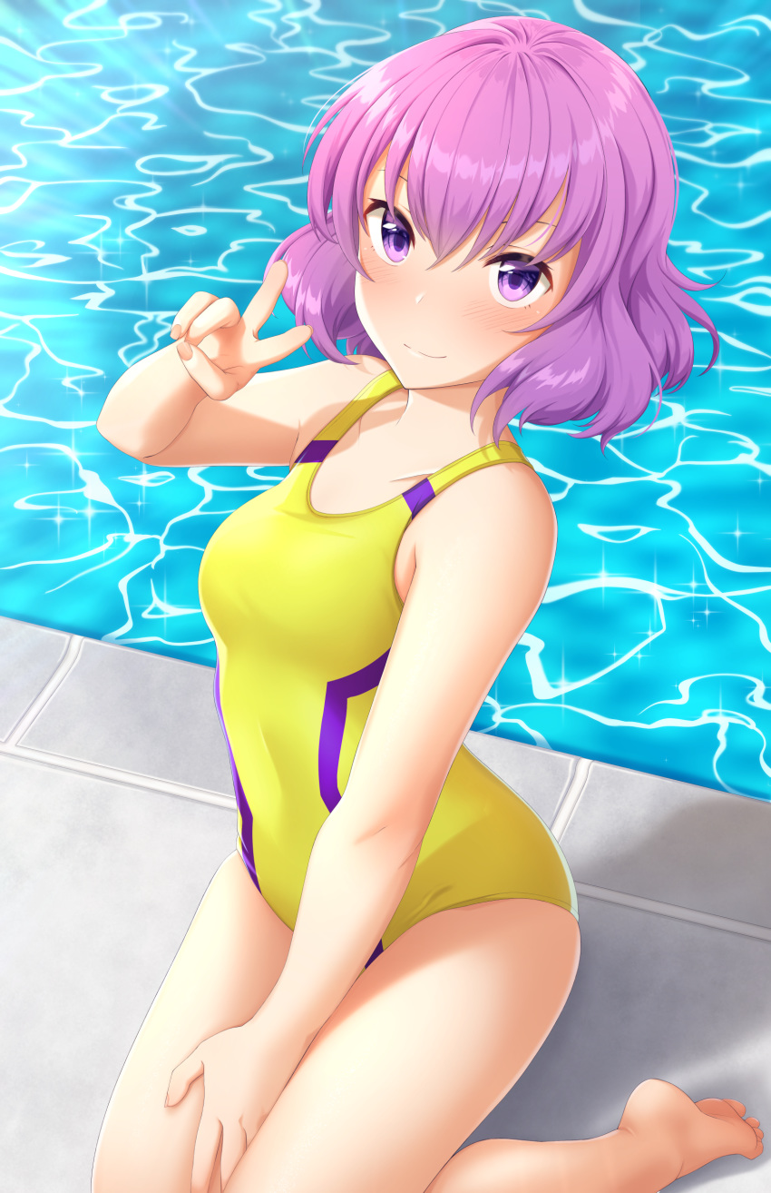 absurdres commentary competition_swimsuit english_commentary female full_body highres kawai_hanabi keijo!!!!!!!! kneeling looking_at_viewer one-piece_swimsuit pool poolside purple_eyes purple_hair short_hair solo swimsuit tiri v water wavy_hair yellow_one-piece_swimsuit