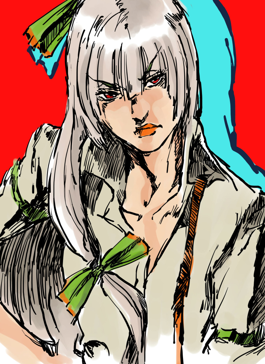 araki_hirohiko_(style) bow closed_mouth commentary drop_shadow female fujiwara_no_mokou green_bow grey_hair hairbow highres long_hair looking_at_viewer nameo_(judgemasterkou) red_background red_eyes shirt solo touhou upper_body white_hair