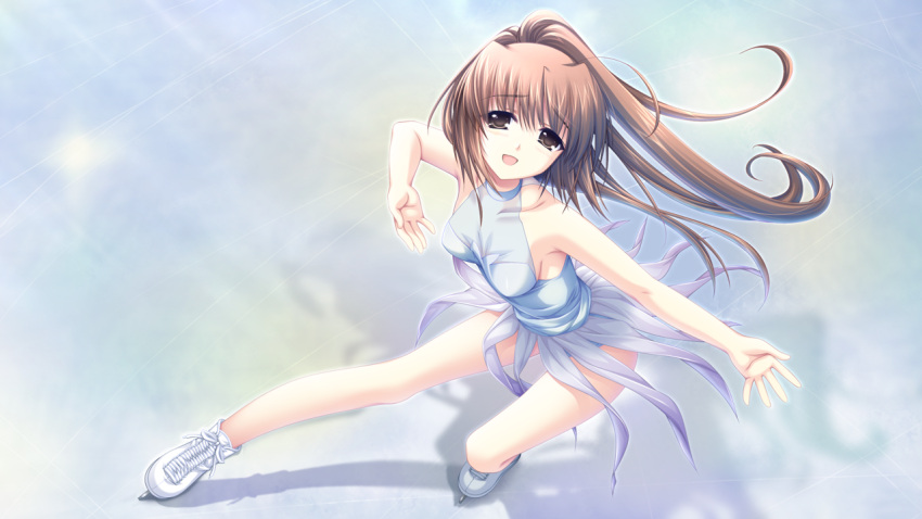 :d alpha_(yukai_na_nakamatachi) azai_kanon breasts brown_eyes brown_hair collarbone female floating_hair full_body g-senjou_no_maou game_cg grey_leotard hair_between_eyes ice_skates ice_skating leotard long_hair looking_at_viewer outstretched_arm outstretched_hand ponytail skates skating small_breasts smile solo very_long_hair white_footwear