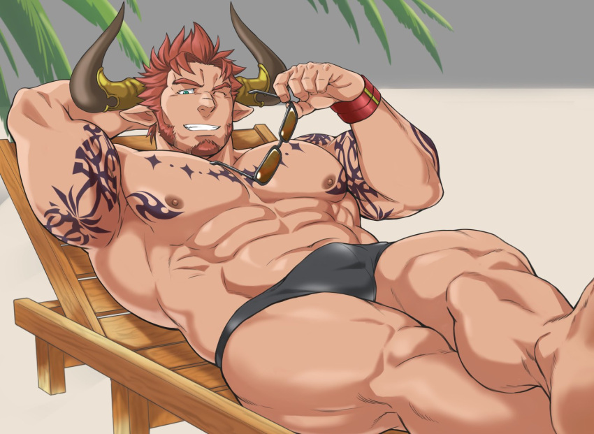 1boy abs agielba animal_ears arm_tattoo armpits bara black-framed_eyewear black_male_swimwear bulge cow_boy cow_ears cow_horns crossed_legs draph facial_hair feet_out_of_frame goatee granblue_fantasy holding holding_removed_eyewear horns large_pectorals long_sideburns looking_at_viewer lying male_focus male_swimwear mature_male muscular muscular_male navel nipples on_back on_chair one_eye_closed paid_reward_available pectorals red_hair short_hair sideburns smile solo stomach sunglasses swim_briefs tattoo tetsu_(kurotetsu1379) thick_thighs thighs topless_male unfinished unworn_eyewear