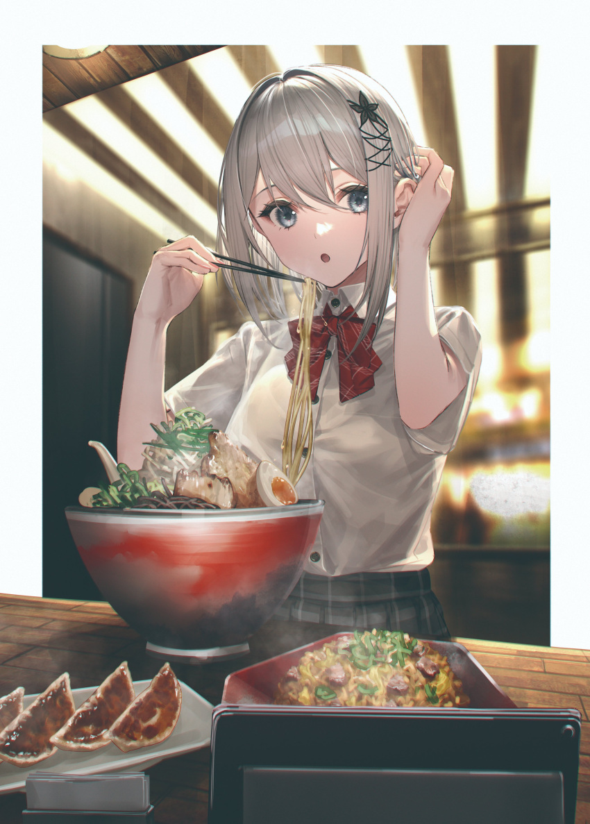 absurdres blurry blurry_background bowl buttons chopsticks collared_shirt eating egg female food hair_between_eyes hand_in_own_hair hands_up highres holding holding_chopsticks houkago_no_seijo-san_ga_toutoi_dake_ja_nai_koto_wo_ore_wa_shitteiru indoors neck_ribbon noodles open_mouth red_ribbon ribbon school_uniform shirase_seira shirt short_hair short_sleeves sidelocks skirt solo takubon white_hair white_shirt