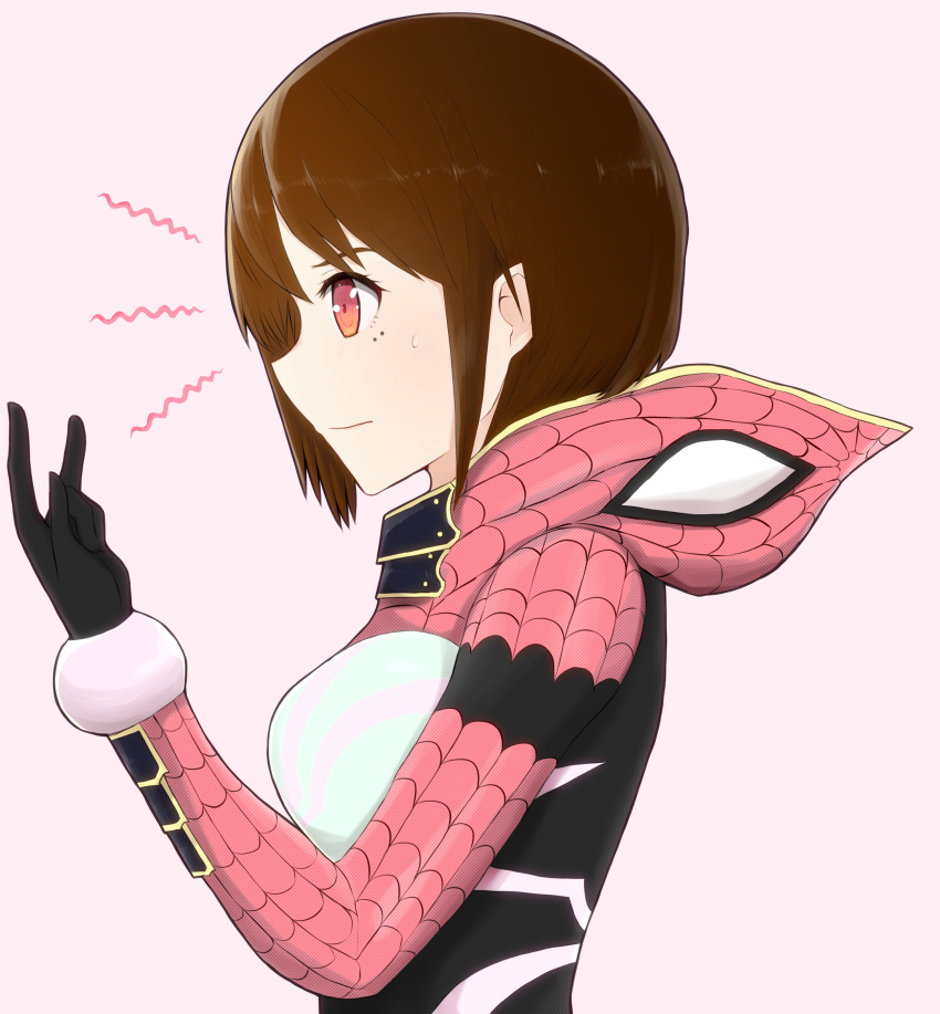 absurdres black_gloves breasts brown_hair deadpool_(series) female from_side gloves hida_haruka highres marvel medium_breasts mole mole_under_eye pink_background profile sakura_spider satomi_walker short_hair solo spider_web_print superhero_costume upper_body worried