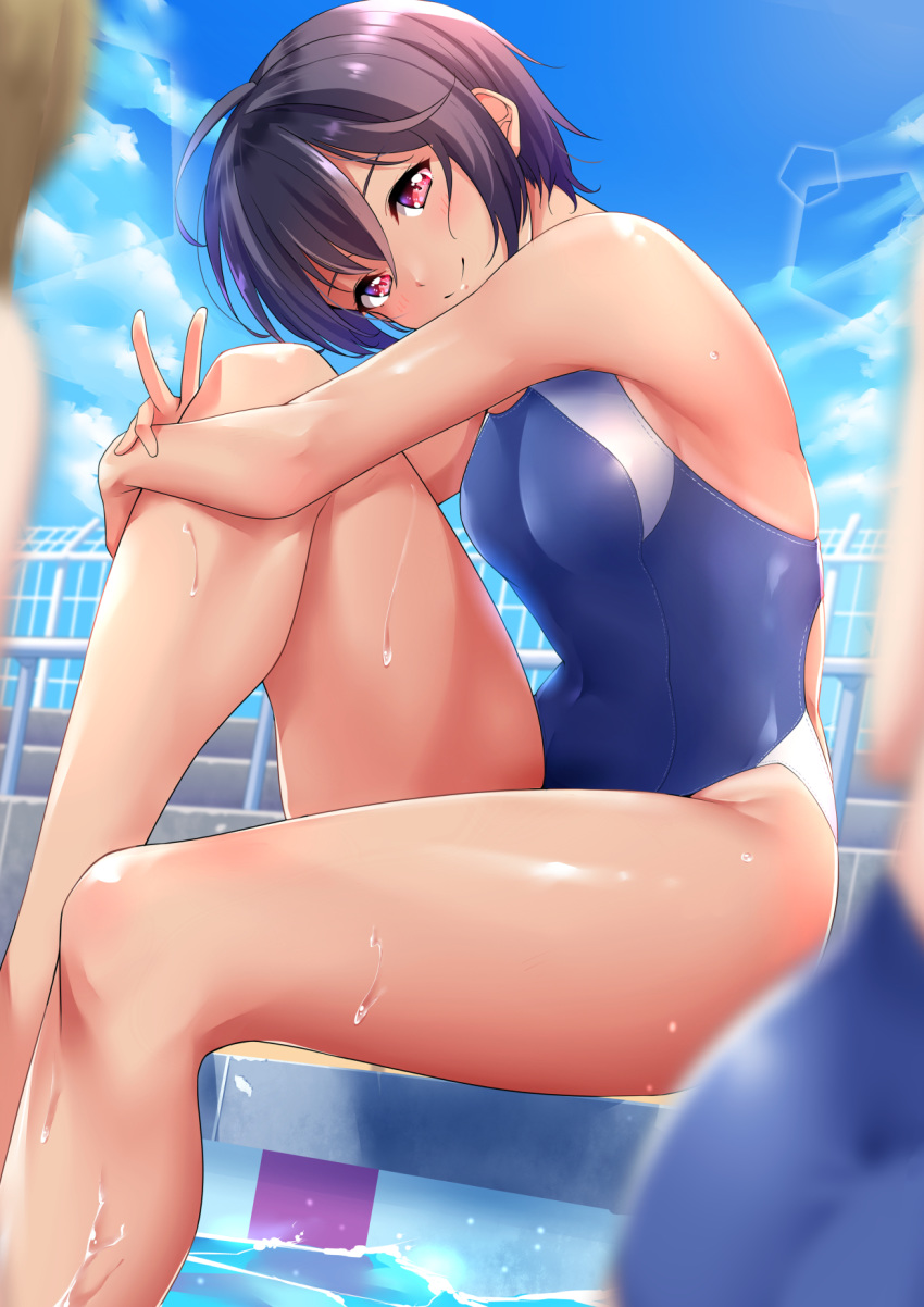 3girls black_hair blue_sky blue_swimsuit breasts cloud competition_swimsuit cowboy_shot day highres kanabun lens_flare looking_at_viewer multiple_girls one-piece_swimsuit original outdoors pool poolside red_eyes short_hair sitting sky small_breasts smile solo_focus swimsuit symbol_commentary v water