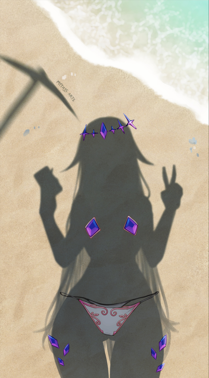 absurdres beach bikini bikini_bottom_only circlet commentary dressed_shadow_(meme) english_commentary female gem highres hololive hololive_english implied_nudity koseki_bijou long_hair meme mixed-language_commentary myth1carts pasties pickaxe purple_gemstone sand selfie silhouette solo swimsuit unworn_bikini_bottom unworn_clothes v virtual_youtuber