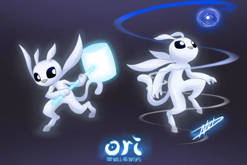 2022 3_fingers 4_ears ambiguous_gender anthro black_background black_sclera fingers glowing glowing_body hammer logo long_ears long_tail magic magic_user multi_ear novada_drawing orb ori_(ori) ori_(series) sign simple_background solo tail tools unguligrade unguligrade_anthro unguligrade_legs white_body white_eyes