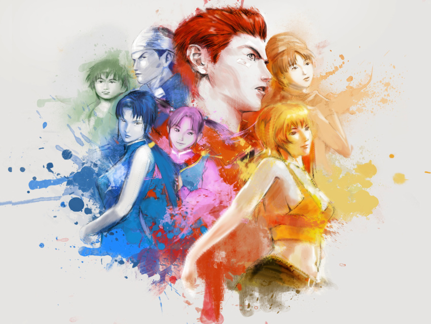 3boys 3girls absurdres arms_behind_back bandaid bandaid_on_face bandana belt black_hair brown_hair chinese_clothes colorful crop_top denim hazuki_ryou highres hong_xiu_ying jeans jewelry joy_(shenmue) ling_shen_hua long_hair looking_at_viewer looking_away low-tied_long_hair multiple_boys multiple_girls ni_xian_weng orange_hair orange_shirt pants phoonaru ren_wu_ying shenmue shenmue_ii shirt spiked_hair splatter twintails white_bandana xun_fang_mei