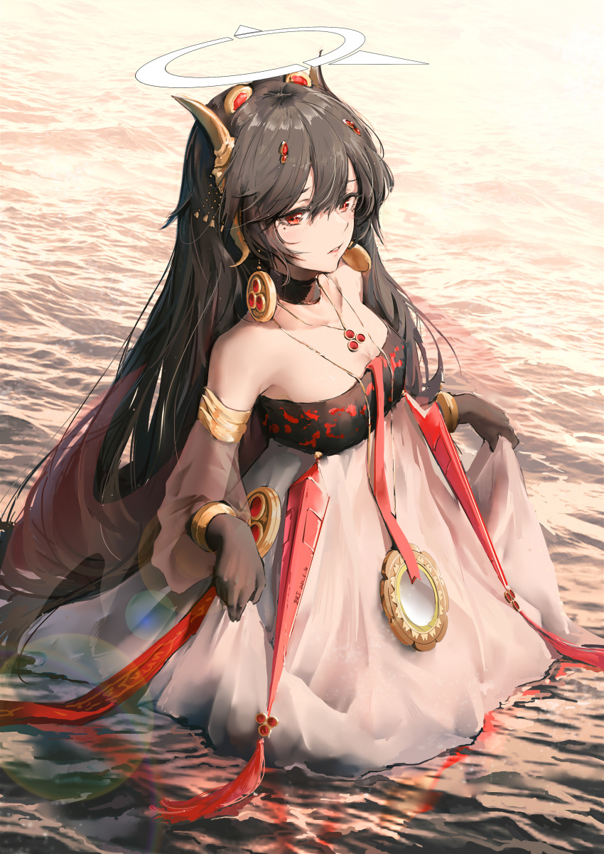 absurdres accessories alternate_costume bare_shoulders black_gloves black_hair bracelet breasts choker cleavage detached_sleeves dress earrings erjian female gloves hair_between_eyes hair_ornament halo highres jewelry light_particles light_reflection_(water) long_hair looking_to_the_side lucia:_plume_(punishing:_gray_raven) lucia_(punishing:_gray_raven) mole mole_under_eye multicolored_clothes multicolored_dress necklace official_alternate_costume open_mouth punishing:_gray_raven red_eyes skirt_hold small_breasts wading water waves wet wet_clothes wet_dress white_dress