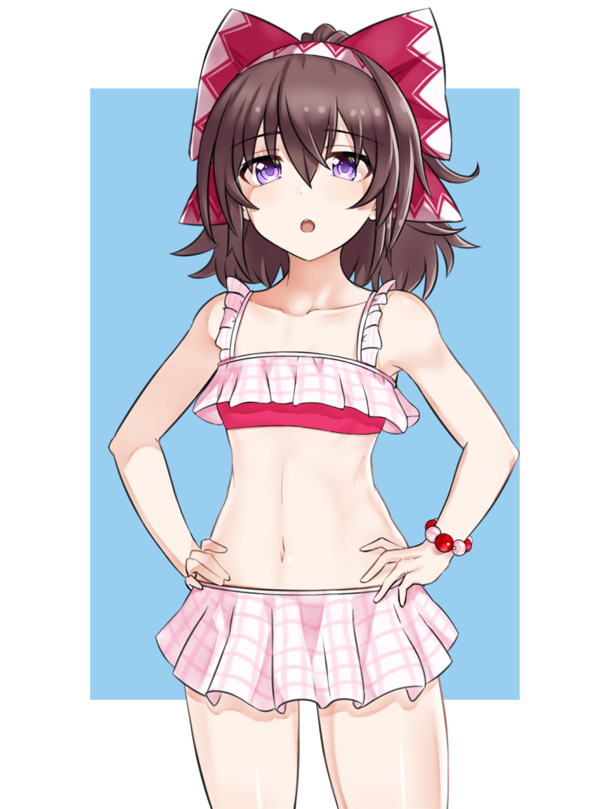 bare_shoulders bead_bracelet beads bikini bikini_skirt bow bowtie bracelet brown_hair choujigen_game_neptune_sisters_vs_sisters female frilled_bikini frilled_skirt frills hairband hairbow highres jewelry looking_at_viewer medium_hair navel neptune_(series) purple_eyes red_bow red_bowtie shanghai_alice-chan_(neptunia) skirt solo swimsuit zatsu