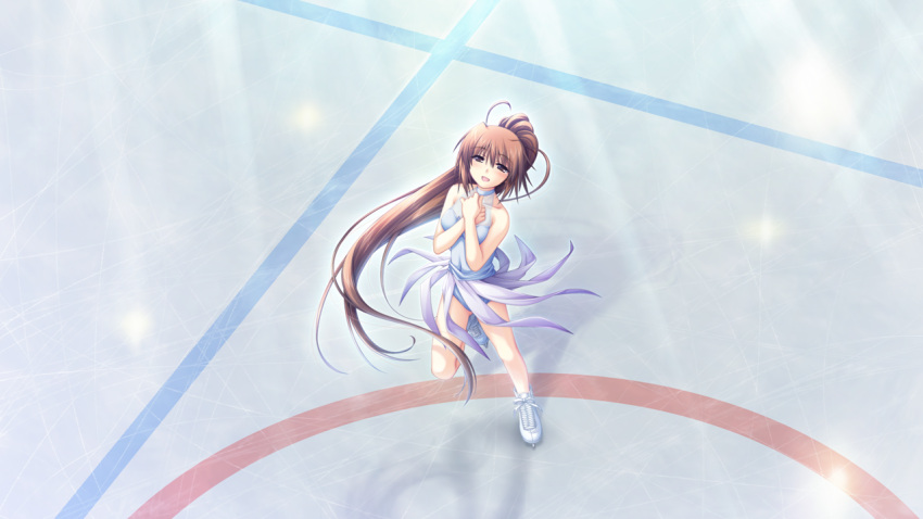 :d alpha_(yukai_na_nakamatachi) azai_kanon blush brown_eyes brown_hair collarbone covered_navel female floating_hair from_above full_body g-senjou_no_maou game_cg grey_leotard hair_between_eyes ice_skates ice_skating leotard long_hair ponytail skates skating smile solo standing sunlight very_long_hair white_footwear