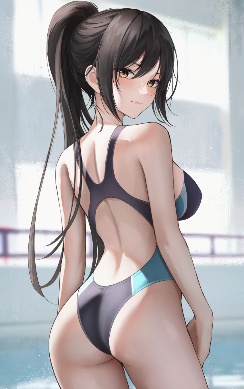 arched_back ass back back_cutout bad_link bare_arms bare_shoulders black_hair black_one-piece_swimsuit blurry breasts clothing_cutout competition_swimsuit cowboy_shot depth_of_field female from_behind high_ponytail highleg highleg_swimsuit highres idolmaster idolmaster_shiny_colors large_breasts long_hair looking_at_viewer looking_back marinesnow one-piece_swimsuit ponytail racerback shirase_sakuya solo standing swimsuit yellow_eyes