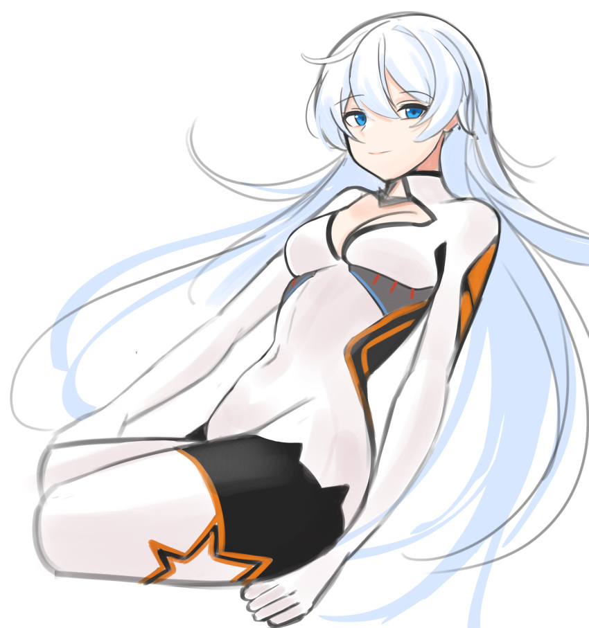 aircell alternate_hairstyle antenna_hair blue_eyes breasts cleavage closed_mouth female hair_between_eyes highres honkai_(series) honkai_impact_3rd kiana_kaslana kiana_kaslana_(white_comet) long_hair looking_at_viewer medium_breasts simple_background smile solo white_background white_hair