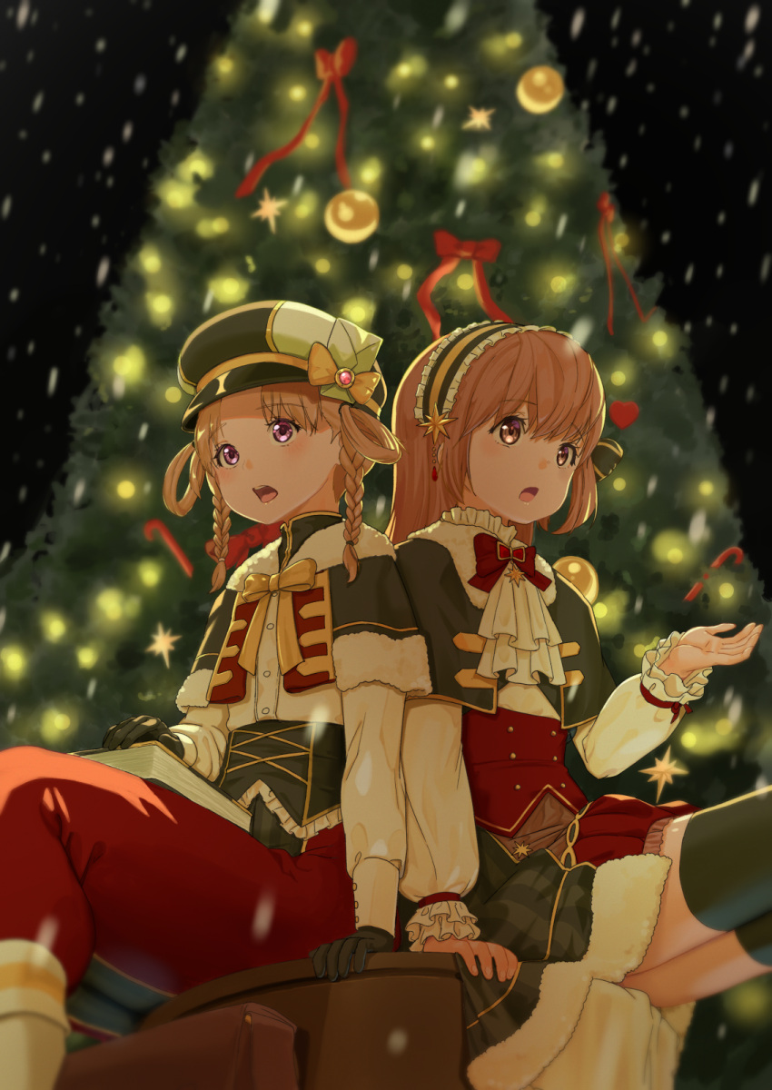 2girls book bow brown_hair capelet christmas christmas_ornaments christmas_tree commentary_request frilled_hairband frilled_sleeves frills fur_trim gloves hairband hat hat_bow highres hiiragi_nemu hiiragi_nemu_(holy_night_ver.) long_hair long_sleeves magia_record:_mahou_shoujo_madoka_magica_gaiden magical_girl mahou_shoujo_madoka_magica multiple_girls nanakamado open_mouth satomi_touka satomi_touka_(holy_night_ver.) sitting thighhighs