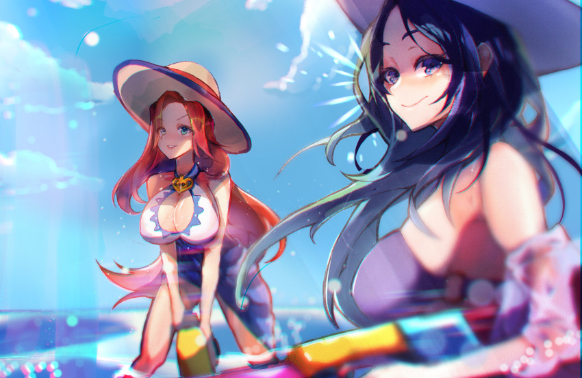 2girls absurdres bikini black_hair blue_eyes blue_sky breasts caitlyn_(league_of_legends) closed_mouth cloud cloudy_sky hat highres hunched_over jewelry large_breasts league_of_legends long_hair mariobaby miss_fortune_(league_of_legends) multiple_girls necklace ocean outdoors pool_party_(league_of_legends) pool_party_caitlyn pool_party_miss_fortune red_hair side-tie_bikini_bottom sky smile sun_hat swimsuit water water_gun