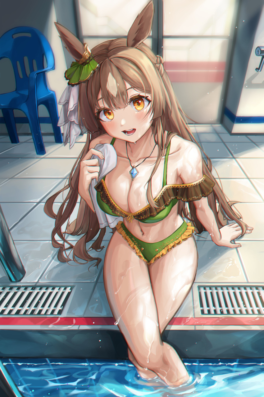 absurdres animal_ears arm_support bikini blush braid breasts brown_hair chair cleavage collarbone ear_ornament female green_bikini half_updo highres holding holding_towel horse_ears horse_girl indoors jewelry kongsi large_breasts long_hair looking_at_viewer navel necklace off-shoulder_bikini off_shoulder open_mouth pool satono_diamond_(umamusume) sitting solo swimsuit towel umamusume very_long_hair wet yellow_eyes