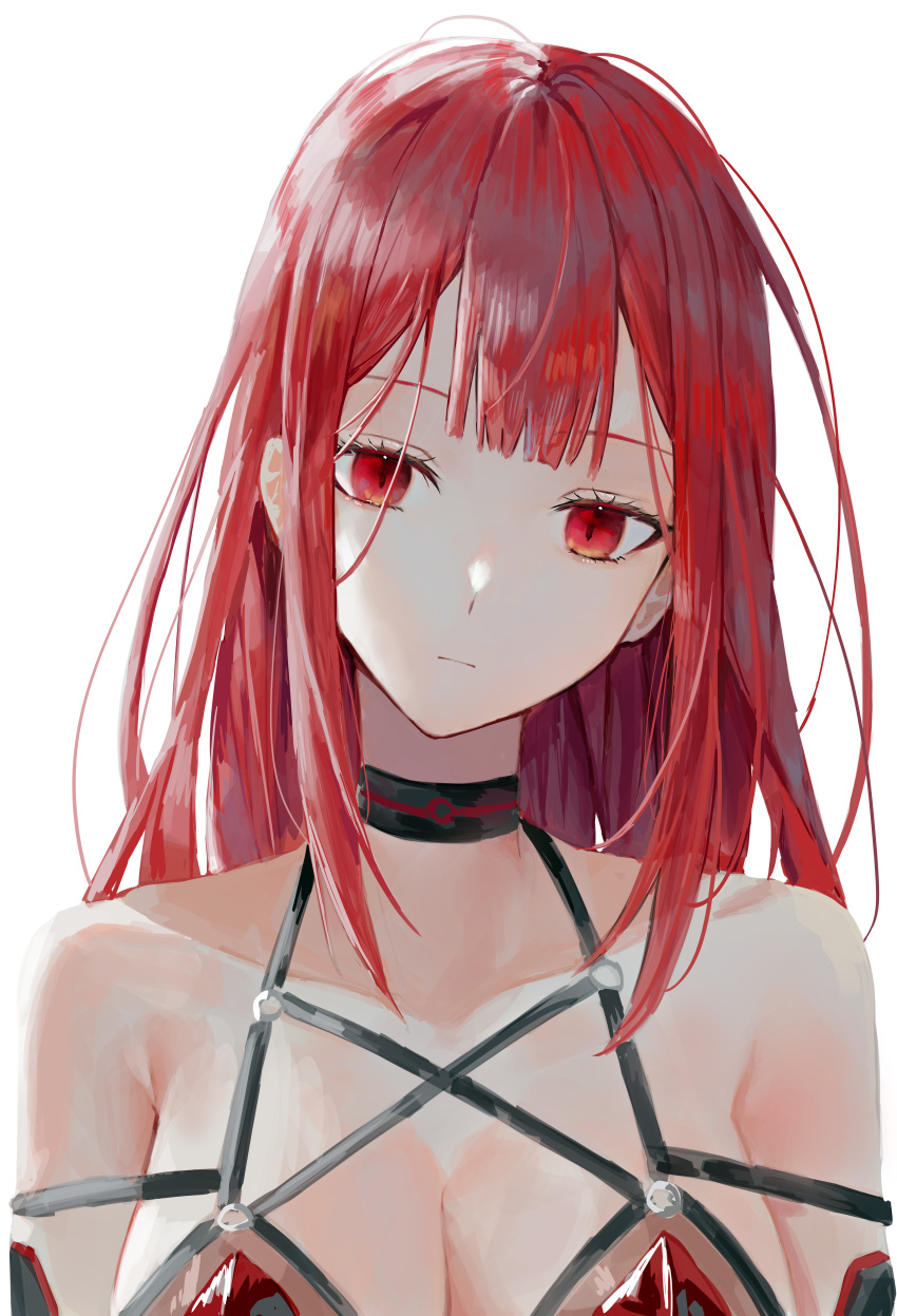 absurdres bare_shoulders breasts cleavage closed_mouth collarbone commentary crimson_avenger_(elsword) detached_sleeves dress elesis_(elsword) elsword expressionless female head_tilt highres kaze_22 korean_commentary long_hair looking_at_viewer medium_breasts red_dress red_eyes red_hair simple_background slit_pupils solo straight_hair very_long_hair white_background