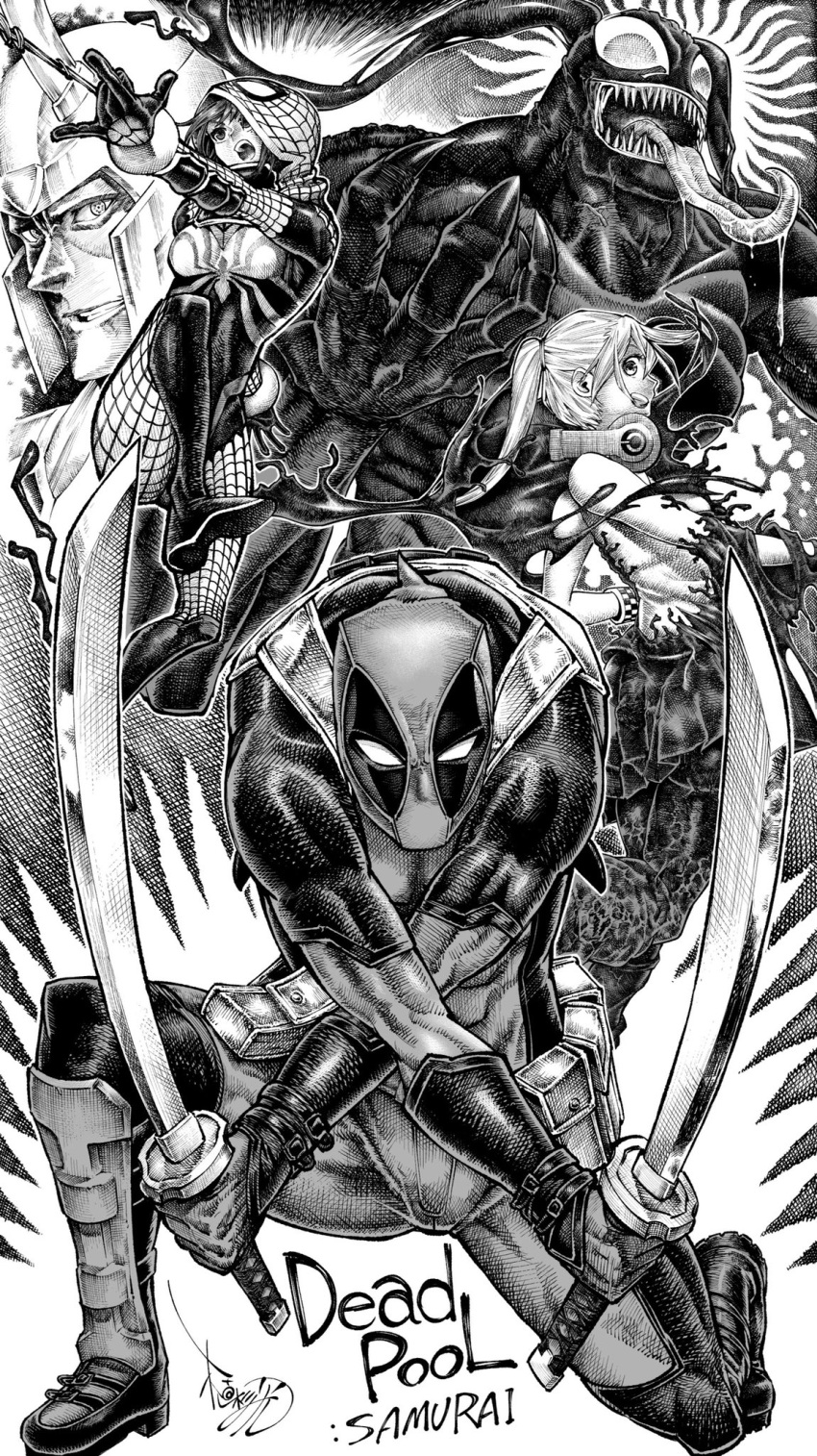 \m/ bodysuit breasts crossed_arms deadpool deadpool_(series) dual_wielding gloves greyscale helmet hida_haruka highres holding holding_sword holding_weapon kage_(marvel) loki_(marvel) marvel medium_breasts monochrome neiro_aratabi sakura_spider saliva sharp_teeth smile superhero_costume sword symbiote teeth tongue tongue_out uesugi_hikaru weapon