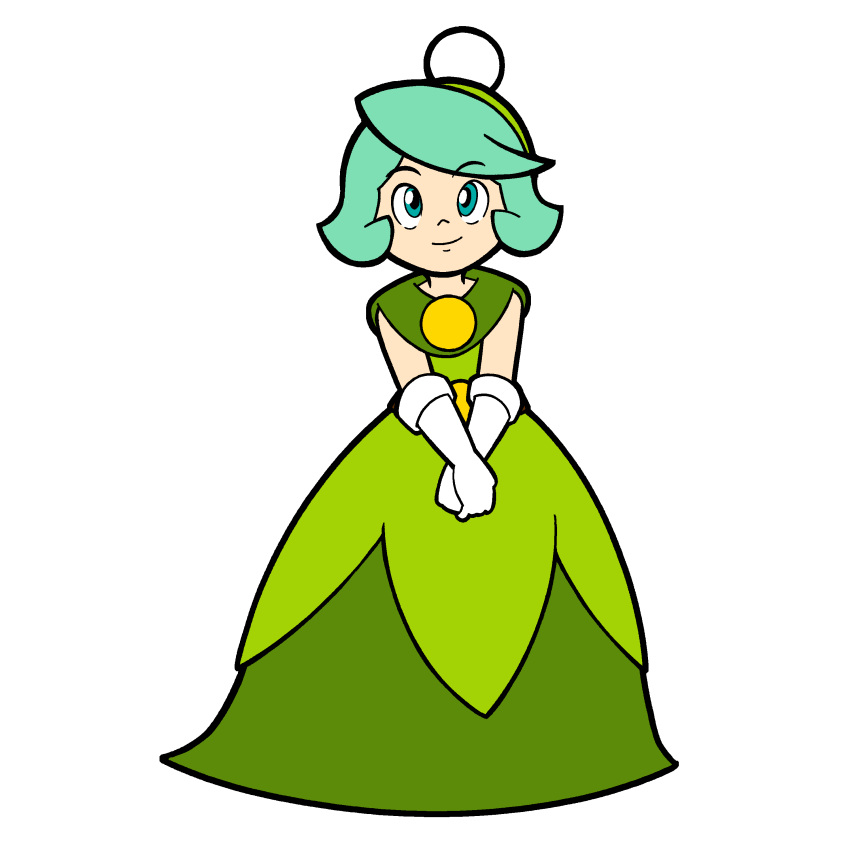 absurdres closed_mouth commentary_request dress elbow_gloves english_commentary female full_body gloves green_dress green_eyes green_hair highres looking_at_viewer mixed-language_commentary own_hands_together queen_merelda ruy_fernando short_hair simple_background smile solo standing wario_land wario_land:_shake_it! white_background white_gloves