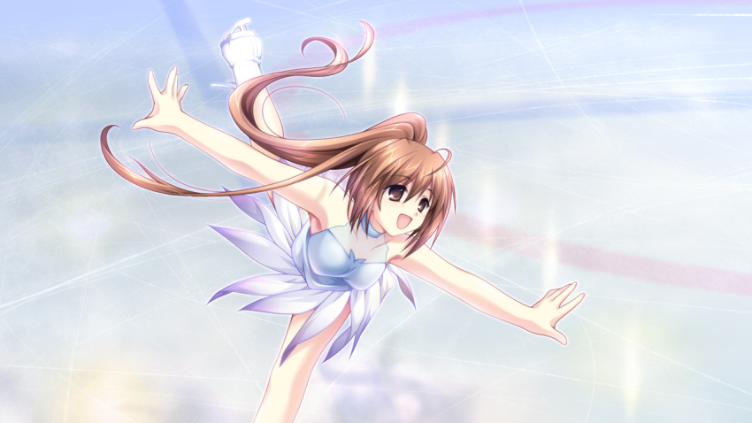 :d ahoge alpha_(yukai_na_nakamatachi) armpits azai_kanon brown_eyes brown_hair dress female floating_hair g-senjou_no_maou game_cg grey_dress hair_between_eyes ice_skates ice_skating leg_up long_hair outstretched_arms outstretched_hand ponytail short_dress skates skating sleeveless sleeveless_dress smile solo very_long_hair