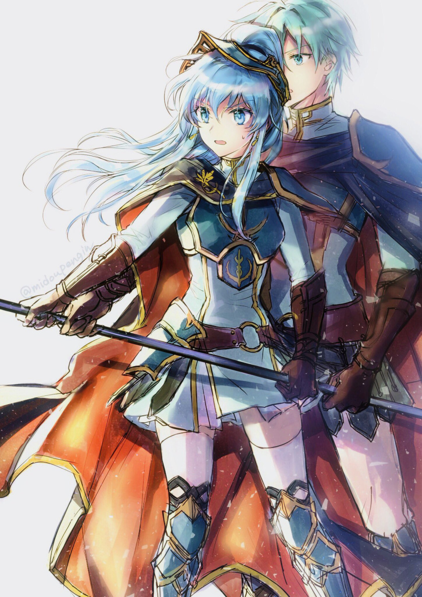 1boy alternate_costume alternate_hairstyle aqua_eyes aqua_hair armor belt breastplate brother_and_sister cape cosplay earrings eirika_(fire_emblem) eirika_(pledged_restorer)_(fire_emblem) ephraim_(fire_emblem) ephraim_(fire_emblem)_(cosplay) female fire_emblem fire_emblem:_the_sacred_stones fire_emblem_heroes gloves hair_between_eyes highres holding holding_weapon jewelry long_hair mintes official_alternate_costume open_mouth pauldrons polearm ponytail shoulder_armor siblings sidelocks skirt spear sweatdrop thighhighs twins twitter_username weapon white_background