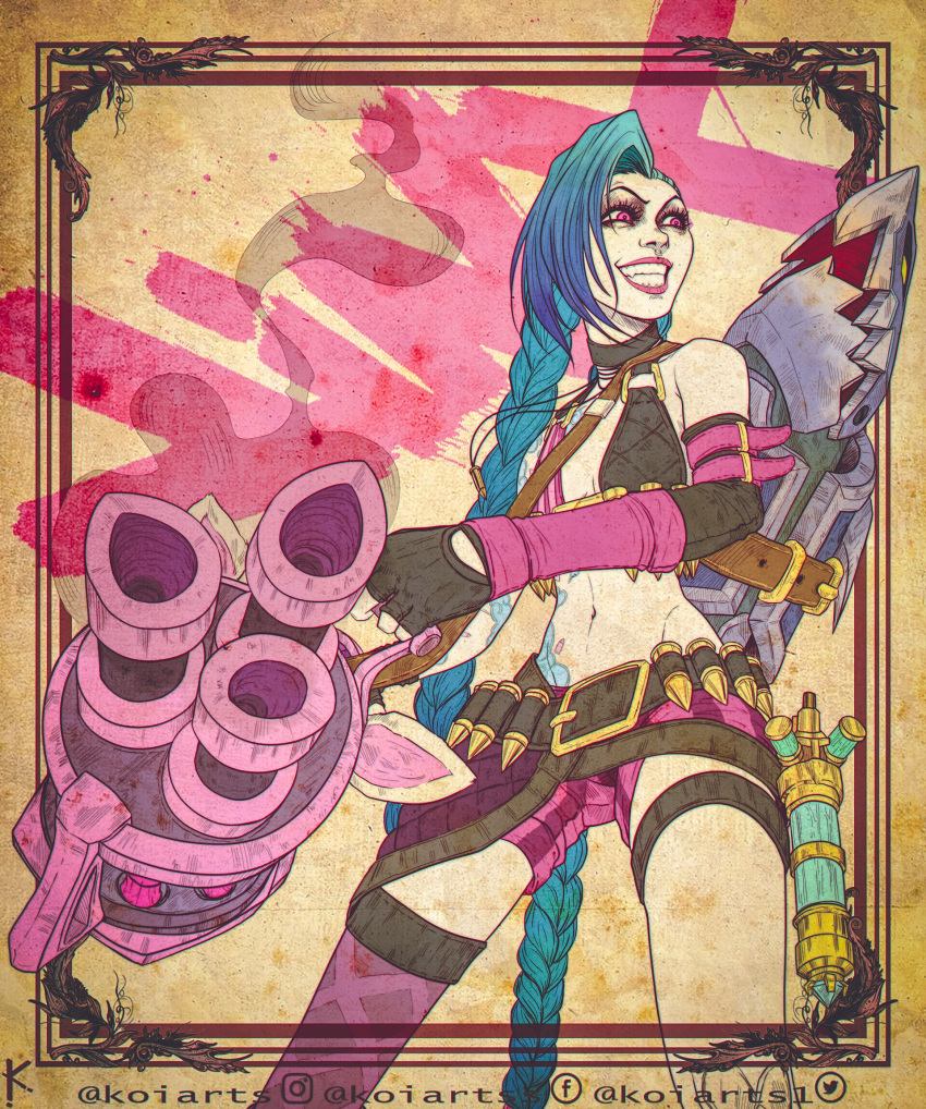 artist_name asymmetrical_bangs bare_shoulders belt blue_hair breasts brown_belt brown_gloves bullet character_name cloud_tattoo cowboy_shot elbow_gloves female fingerless_gloves gatling_gun gloves green_hair grin gun handgun highres holding holding_weapon jinx_(league_of_legends) koiarts league_of_legends long_hair minigun navel pink_eyes pink_lips pink_shorts pink_sleeves rocket_launcher shorts small_breasts smile solo stomach_tattoo striped_clothes striped_shorts tattoo teeth very_long_hair weapon