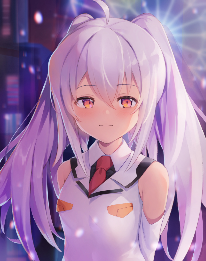 :3 ahoge arms_behind_back closed_mouth detached_sleeves female hair_between_eyes highres isla_(plastic_memories) jiyasu long_hair looking_at_viewer necktie orange_eyes plastic_memories red_necktie shirt sleeveless sleeveless_shirt solo twintails very_long_hair white_hair white_shirt white_sleeves