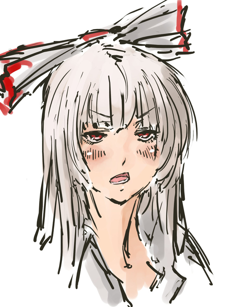 blush bow female fujiwara_no_mokou grey_hair grey_shirt hairbow highres jitome looking_at_viewer nameo_(judgemasterkou) open_mouth portrait red_eyes shirt simple_background solo touhou white_background white_bow