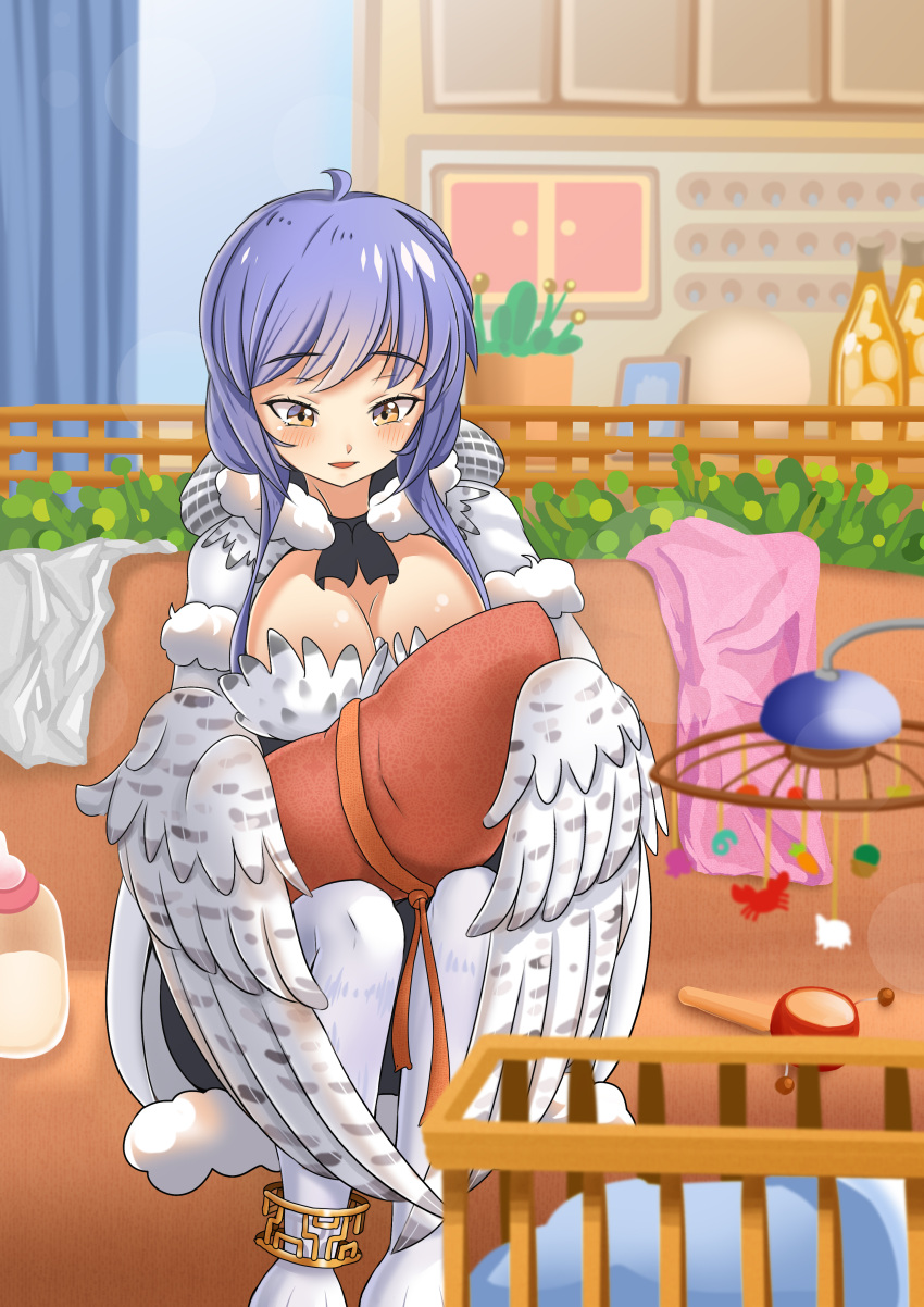 absurdres baby_bottle bird_legs blush bottle breasts chinese_commentary cleavage clover_theater commentary_request crib feathered_wings feathers female fur_trim harpy highres holding_baby hood indoors long_hair medium_breasts monster_girl purple_hair rattle_drum sandway_(clover_theater) swaddled user_kvyg7437 white_feathers white_wings winged_arms wings yellow_eyes