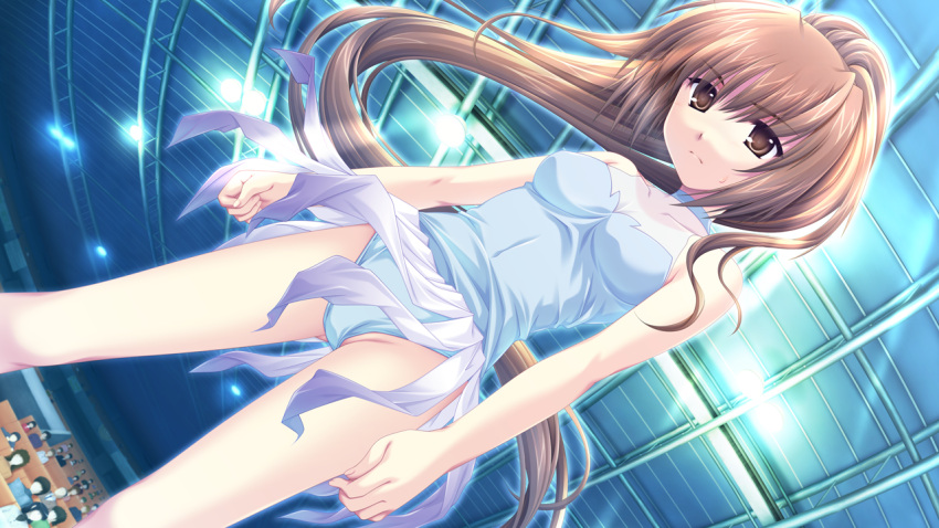 alpha_(yukai_na_nakamatachi) audience azai_kanon breasts brown_eyes brown_hair cleavage closed_mouth dutch_angle female floating_hair frown g-senjou_no_maou game_cg grey_leotard hair_between_eyes high_ponytail indoors leotard long_hair small_breasts solo standing sweatdrop very_long_hair