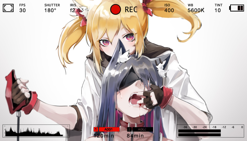 2girls animal_ear_fluff animal_ears arknights battery_indicator black_hair blindfold blonde_hair blood collar ear_piercing finger_in_another's_mouth finger_to_another's_mouth gloves highres jacket leash long_hair multiple_girls open_mouth piercing recording red_eyes shinnasuka025 sora_(arknights) texas_(arknights) tongue twintails viewfinder wolf_ears