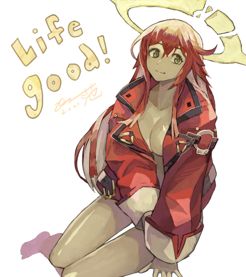 absurdres female green_eyes guilty_gear guilty_gear_strive hair_between_eyes halo highres jack-o'_valentine jacket long_hair looking_at_viewer oversized_clothes red_hair red_jacket spiked_halo subakeye