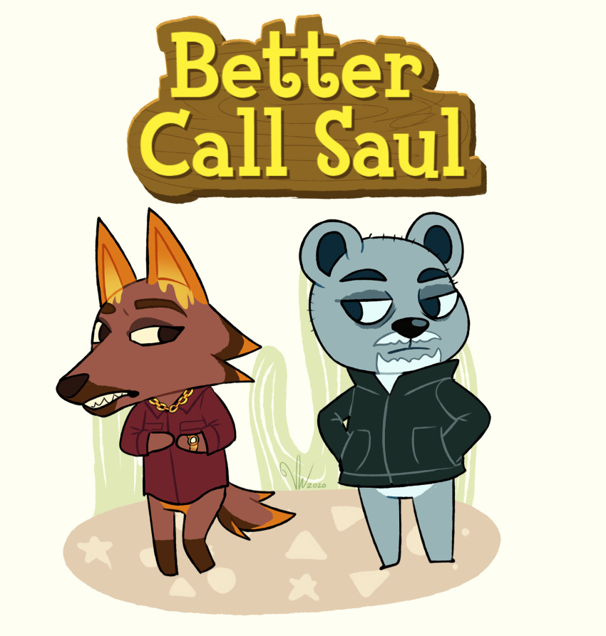 alternate_species animal_crossing anthro bear better_call_saul black_clothing black_eyes black_nose blue_body blue_eyes blue_fur breaking_bad brown_body brown_fur brown_nose canid canine canis clothed clothing crossover digital_drawing_(artwork) digital_media_(artwork) duo fangs flat_colors fluffy fluffy_tail fur furrification hair hi_res humanoid iirene jacket male mammal mike_ehrmantraut nacho_varga nintendo open_mouth polar_bear red_clothing simple_background standing tail teeth text topwear ursine white_hair wolf