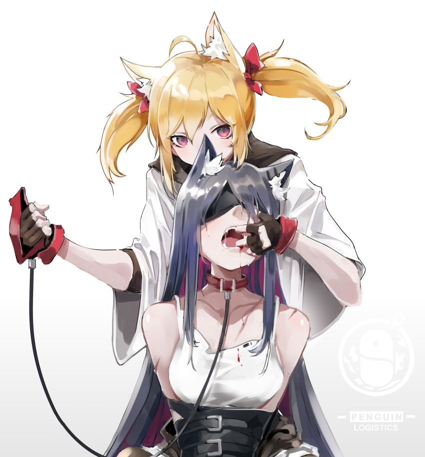 2girls absurdres animal_ear_fluff animal_ears arknights black_hair blindfold blonde_hair blood bondage collar collarbone ear_piercing finger_in_another's_mouth finger_to_another's_mouth gloves highres jacket leash long_hair multiple_girls open_mouth penguin_logistics_logo piercing red_eyes shinnasuka025 sora_(arknights) tank_top texas_(arknights) tongue twintails wolf_ears