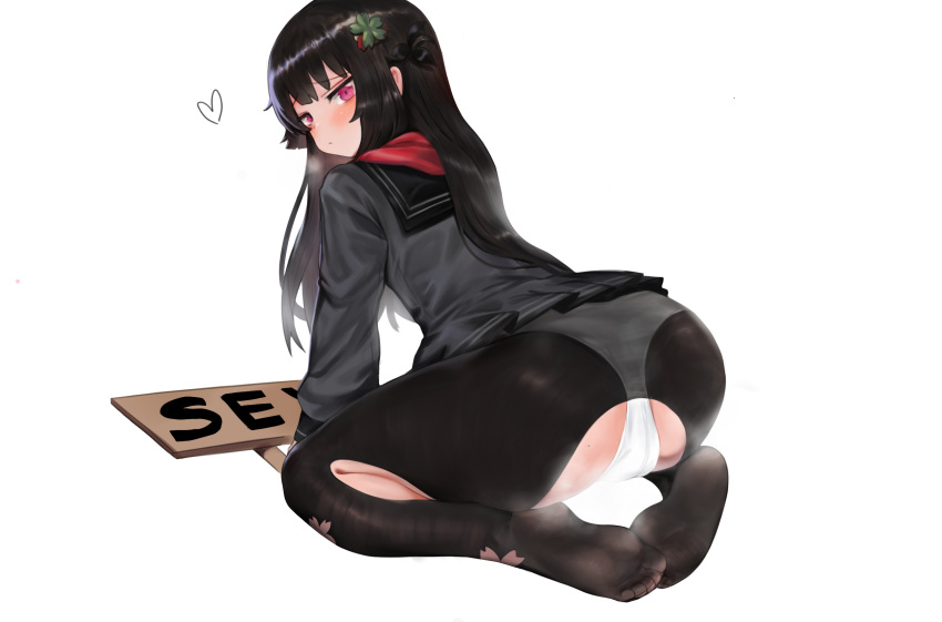 ass black_hair black_pantyhose black_shirt dokomon female girls'_frontline hair_ornament highres long_hair long_sleeves no_shoes panties panties_under_pantyhose pantyhose red_eyes red_scarf scarf school_uniform shirt sign solo torn_clothes torn_pantyhose type_100_(girls'_frontline) underwear white_panties