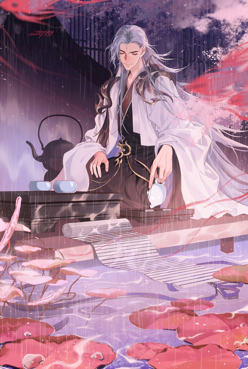 1boy architecture artist_name bamboo_scroll black_robe blurry board_game caustics cherry_blossoms chinese_clothes chinese_commentary closed_eyes closed_mouth coat cup depth_of_field dress facial_mark fish floating_hair flower flying_fish go_(board_game) grey_hair hair_behind_ear hanfu highres holding holding_teapot leaf light_smile long_hair lotus_leaf male_focus parted_bangs pier pink_flower pouring rain robe round_window seiza shoulder_guard sitting solo teapot tray tree tumeii wang_chuan_feng_hua_lu water water_drop white_coat window