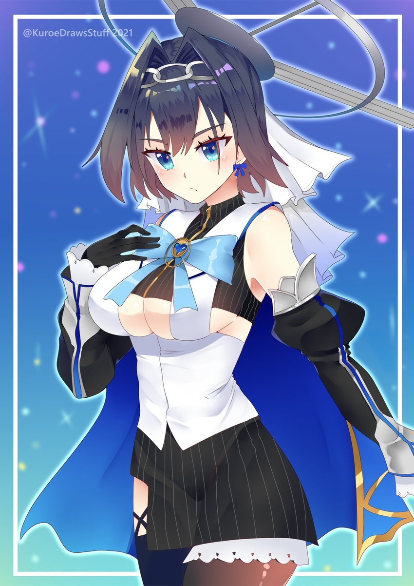 artist_name asymmetrical_clothes black_gloves black_hair black_shirt black_skirt black_thighhighs blue_bow blue_cape blue_eyes bow breasts cape chain_headband chains clothing_cutout crop_top detached_sleeves female gloves hair_intakes hair_ornament halo headband highres hololive hololive_english kuroeart large_breasts long_sleeves miniskirt ouro_kronii ouro_kronii_(1st_costume) pinstripe_pattern puffy_long_sleeves puffy_sleeves revealing_clothes shirt short_hair skirt sleeveless sleeveless_turtleneck solo striped thighhighs turtleneck underboob underboob_cutout vest virtual_youtuber white_vest zipper zipper_pull_tab