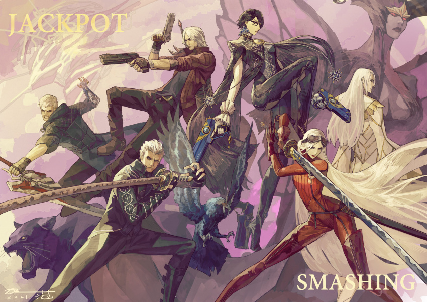 3girls 4boys absurdres bayonetta bayonetta_(series) bayonetta_2 black_hair crossover dante_(devil_may_cry) devil_may_cry_(series) devil_may_cry_5 dual_wielding ebony_&_ivory father_balder fighting_stance griffon_(devil_may_cry_5) gun handgun highres holding jacket jeanne_(bayonetta) love_is_blue_(bayonetta) madama_butterfly mechanical_arms multiple_boys multiple_girls nero_(devil_may_cry) quadruple_wielding red_queen_(sword) shadow_(devil_may_cry_5) single_mechanical_arm subakeye sword vergil_(devil_may_cry) weapon white_hair yamato_(sword)