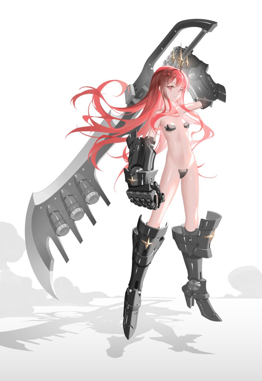 armored_boots boots breasts commission crotch_plate female floating full_body gauntlets high_heels highres holding holding_sword holding_weapon huge_weapon long_hair original over_shoulder red_eyes red_hair revealing_clothes shadow shiny_skin small_breasts solo sword tsuki-shigure weapon weapon_over_shoulder white_background