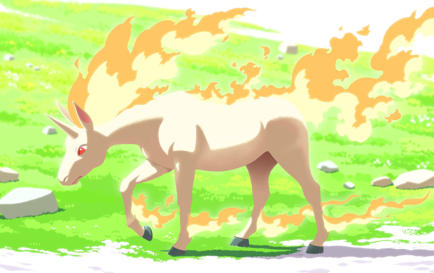 absurdres animal_focus closed_mouth commentary_request day fiery_hair fire full_body grass highres horns horse komepan looking_down no_humans outdoors pokemon pokemon_(creature) rapidash red_eyes single_horn solo standing