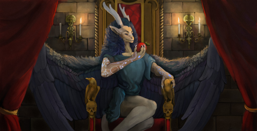 ambiguous_gender blue_hair bone brick_wall candle chair classical confident deity demon diorionarh feathered_wings feathers food fruit fur furniture hair horn humanoid inside king looking_at_another majestic male micoaz_(runefang115vanguard) muscular muscular_male mythology paws plant renaissance royalty simple_background skull solo tail tail_motion tailwag unknown_species wall_(structure) white_body wings