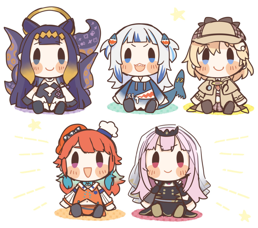 5girls :d blonde_hair blue_eyes blue_hair blunt_bangs blush_stickers capelet chibi commentary_request fins fish_tail gawr_gura gawr_gura_(1st_costume) gradient_hair grey_hair hair_ornament halo hat highres hololive hololive_english holomyth long_hair looking_at_viewer mori_calliope mori_calliope_(1st_costume) multicolored_hair multiple_girls multiple_hats ninomae_ina'nis ninomae_ina'nis_(1st_costume) open_mouth orange_hair pink_eyes pink_hair purple_hair same_anko shark_hair_ornament shark_tail sharp_teeth short_hair sitting smile stuffed_toy tail takanashi_kiara takanashi_kiara_(1st_costume) teeth tentacle tentacle_hair tilted_headwear two-tone_hair two_side_up veil virtual_youtuber watson_amelia watson_amelia_(1st_costume)