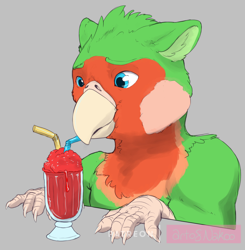 2020 anthro avian beak beverage bird blue_eyes blue_straw budgerigar clothed clothing conditional_dnp drinking ears_down feathers feet food glass green_body green_feathers green_inner_ear_fluff grey_background inner_ear_fluff loriinae nakoo parakeet parrot pivoted_ears red_body red_feathers signature simple_background solo straw_(disambiguation) talon_hands talons tan_beak tan_hands toes topless topless_anthro true_parrot tuft yellow_straw